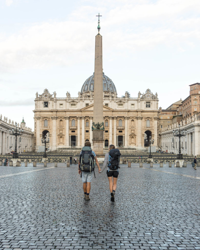 Luke and Nell arriving in St Peter's Square, Rome, having walked the Via Francigena