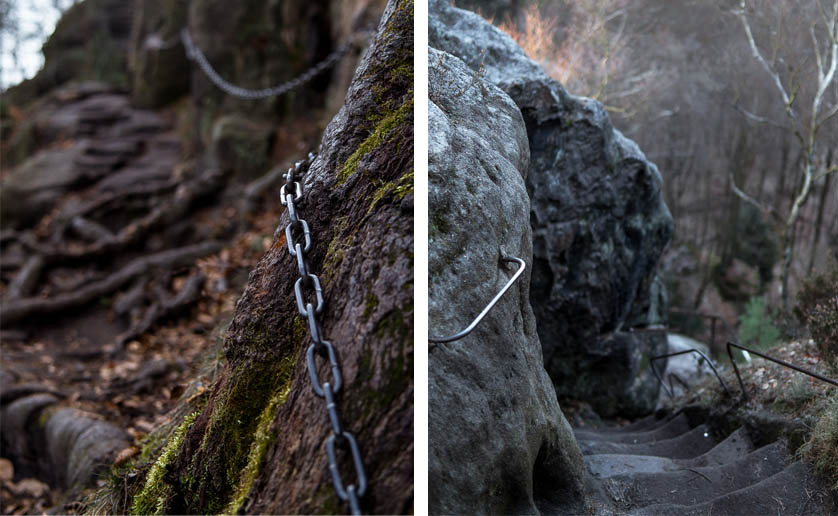 Stairways on the Painters' Way over root branches and up through rocks. All with helpful metal handles and chains.