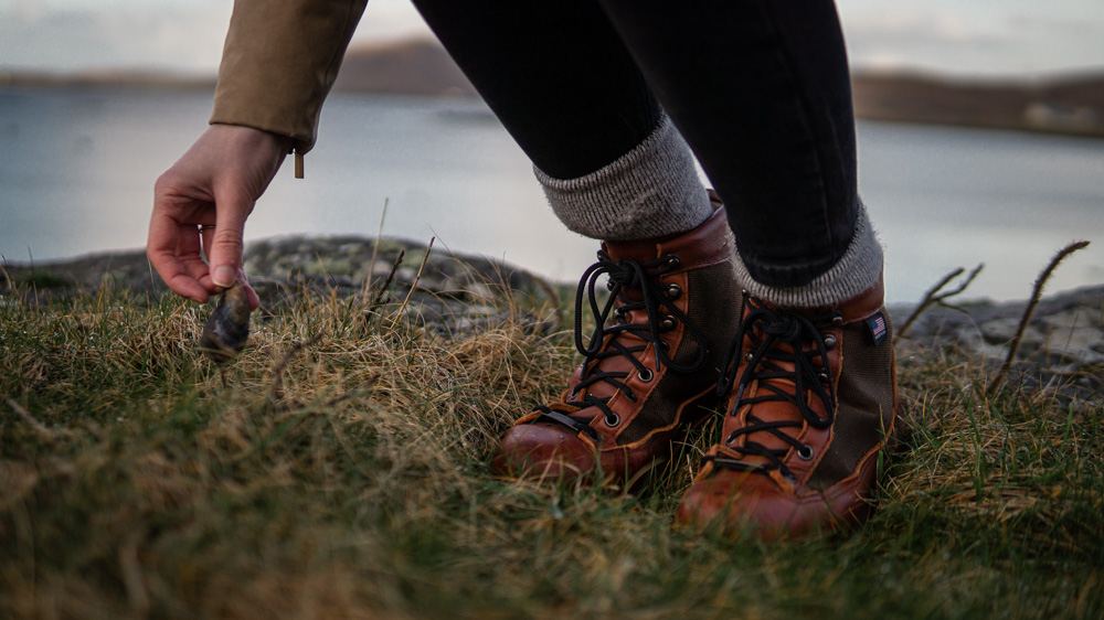 Close-up of Nell's Danner Boots during our walk along the Hebridean Way on the Isle of Barra.