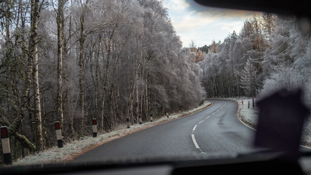 Driving through the Scottish Highlands with thick frost