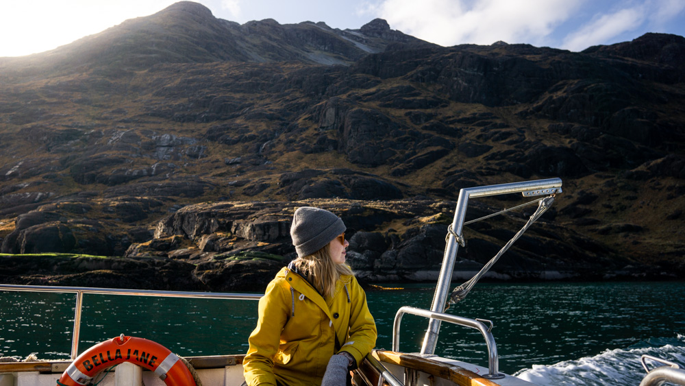 Nell sitting on board the Bella Jane on the way back to Elgol