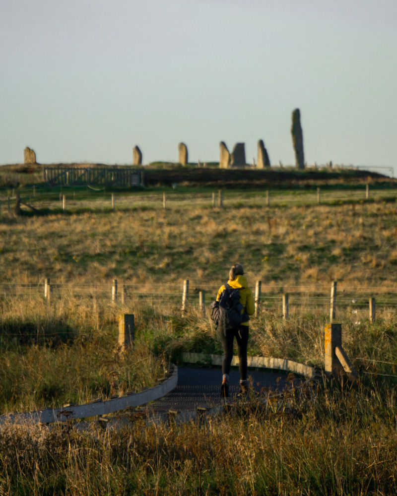 Nell walking towards the Ring of Brodgar in the Orkney Islands