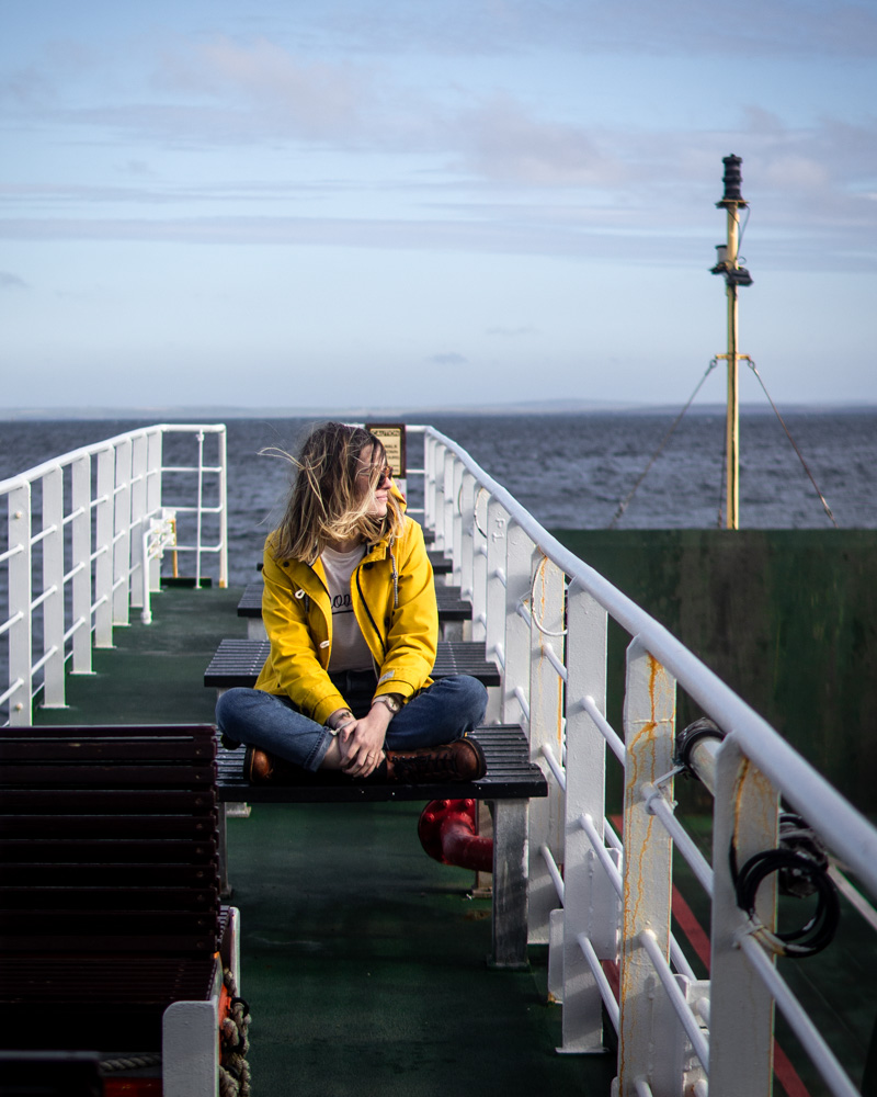 Nell on the boat to Hoy in the Orkney Islands