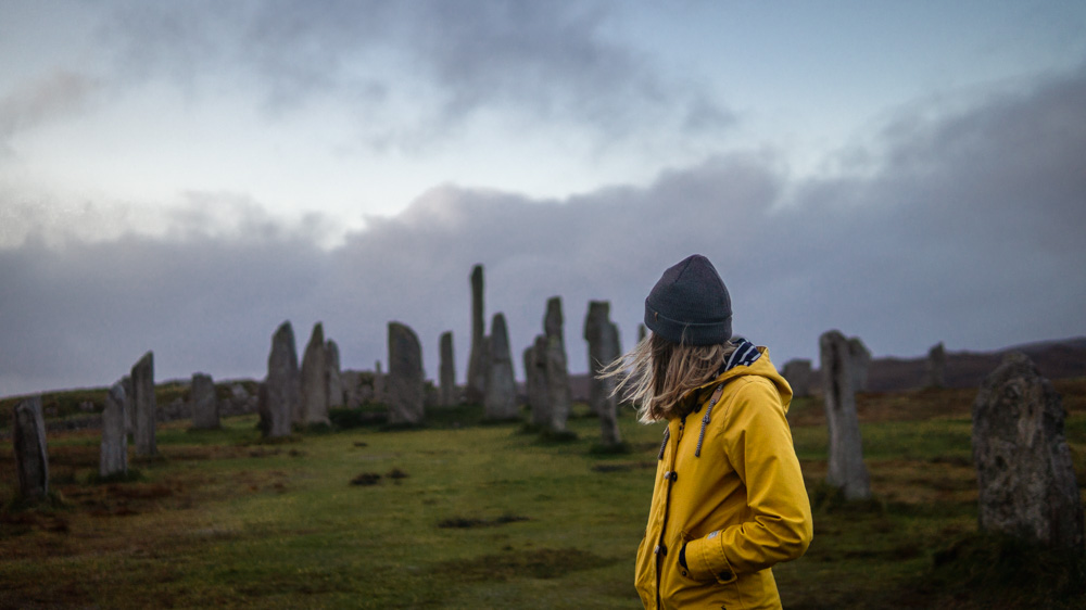 Nell looking back at the Callanish Standing Stones